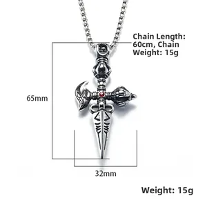 Retro stainless steel Tibetan Phurba pendant necklace with red stone and measurements