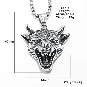 Retro roestvrijstalen hyena wolf hanger ketting met 43x34mm afmeting op 60cm ketting