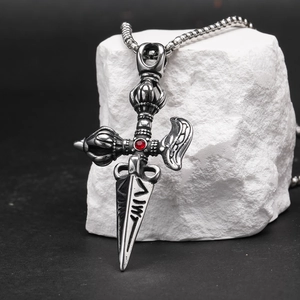 Retro titanium steel sword pendant necklace with red ruby stone in vintage silver finish