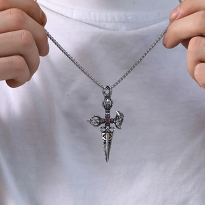 Retro titanium steel dorje cross pendant with red stone on a silver box chain