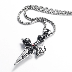 Vintage punk titanium steel Phurba pendant with red gemstone on silver bead chain