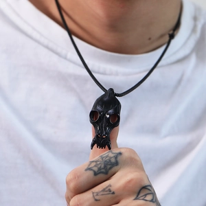 Gothic punk black animal skull pendant necklace for men with a braided rope chain