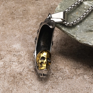 Vintage Anhänger mit Mondsichel und Totenkopf aus Gold und Silber Edelstahl Halskette