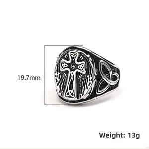 Vintage stainless steel Celtic knot cross ring for men with retro black finish