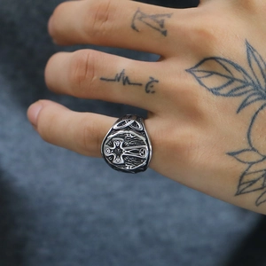 Vintage Celtic cross ring in stainless steel with gothic engraving and blackened finish