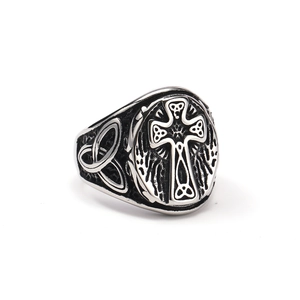 Vintage Celtic cross ring in stainless steel with embossed details and black oil finish