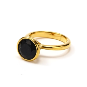 18k gold plated ring featuring a large round black cubic zirconia stone on white background