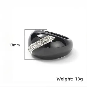 Polished black ceramic ring with double-row white rhinestones and 13mm wide band