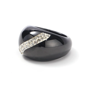 Polished black ceramic ring featuring a sleek diagonal row of sparkling rhinestones