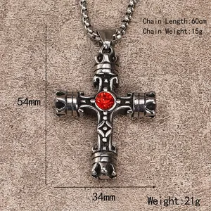 Vintage stainless steel cross necklace with crown detail and red gemstone pendant for men