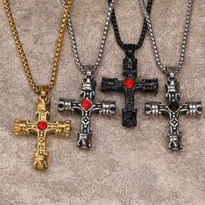 Retro gothic cross crown pendant necklaces with embedded gems in gold, silver and black