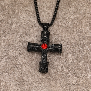 Gothic crown cross pendant necklace with red gemstone in retro black stainless steel