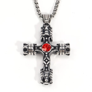 Retro gothic silver cross pendant necklace with a red zircon stone and crown details