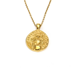 Primer plano detallado del colgante de moneda de oro de la diosa griega Afrodita vintage