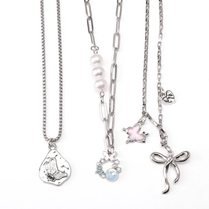 Silver stainless steel butterfly necklace set with pearls and heart pendants