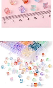 Macro detail of 7mm colorful gradient glass cube beads for jewelry making with storage box