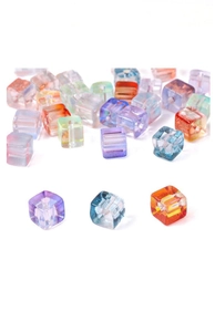Close-up of 7mm iridescent glass cube beads with aurora finish for DIY jewelry crafts