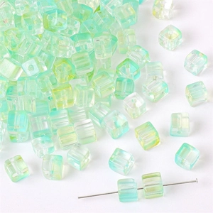 7mm gradient mint green glass cube beads with iridescent finish for DIY jewelry crafts