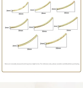 Size chart for 14K gold-plated twisted curved tube connectors for DIY jewelry making