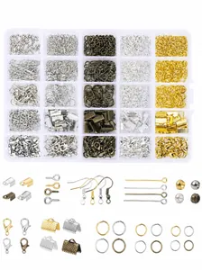 Detailed macro view of 10-grid jewelry making kit with lobster clasps and ear hooks