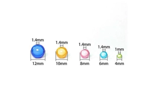 Detailed size chart showing acrylic round beads in sizes 12mm to 4mm with hole measurements