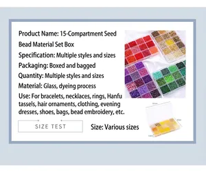 Macro detail of a 15-grid storage box with colorful glass beads for DIY jewelry making
