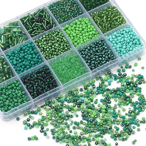 15-grid green glass seed bead set for DIY jewelry making in clear storage box