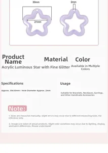 Detailed size specifications for 30mm luminous acrylic hollow star beads with 2mm hole