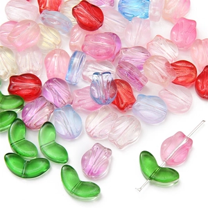 Colorful glass tulip petal and green leaf beads for DIY jewelry making and bracelets