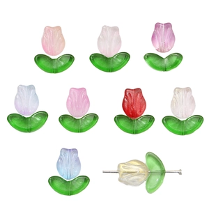 Colorful glass tulip beads with green leaf base for DIY bracelet jewelry making
