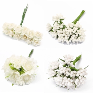 White artificial flower stems and berry clusters for handmade DIY wedding decor