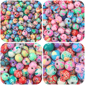 Perles Rondes en Pâte Polymère Multicolore Motif Floral Imprimé Perles Intercalaires pour Fabrication de Bijoux DIY Accessoires
