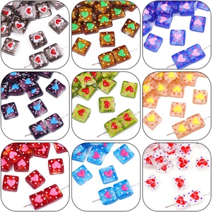 Square Handcrafted Glass Lampwork Beads Heart Pattern DIY Jewelry Making Supplies For Necklace Bracelet Accessories