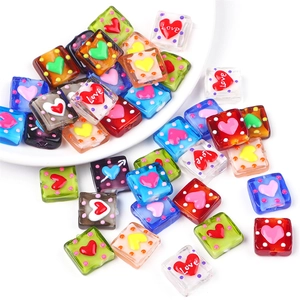 Colorful handmade square glass beads with hearts and Love pattern for DIY jewelry