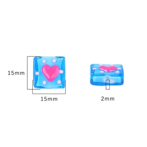 Blue square glass bead with pink heart and polka dots for DIY jewelry making 15mm