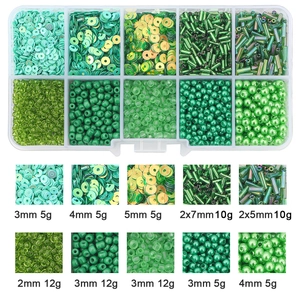 10-grid green glass seed beads DIY set with tubes and sequins in a storage box