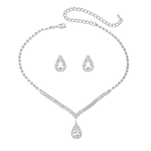 Elegant silver-toned bridal jewelry set featuring pear-cut cubic zirconia necklace and earrings
