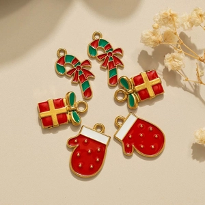 Christmas enamel charms set featuring candy canes, gift boxes, and gloves for DIY jewelry