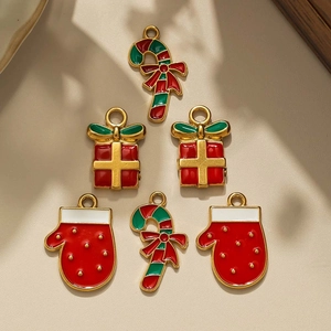 Stainless Steel Christmas Pendants Glove Gift Box Candy Cane DIY Enamel Drip Oil Festive Charms For Jewelry Making Keychain