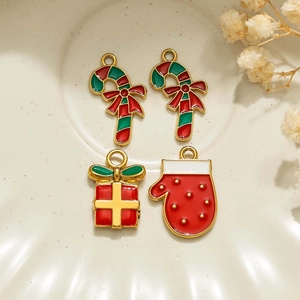 Christmas enamel charms set featuring candy canes, gift boxes and red gloves for DIY crafts