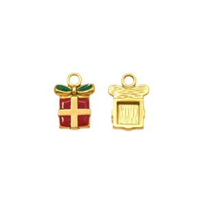 Stainless steel Christmas gift box pendant with red enamel and green bow detail