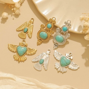Vintage Western Cowboy Stainless Steel Bird Eagle Pendant Bohemian Artificial Turquoise Inlaid Charm DIY Necklace Accessory