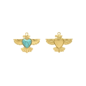 Western cowboy style bird pendant with heart turquoise inlay on golden stainless steel