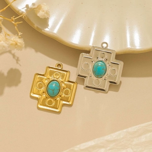 Pendenti a croce vintage in acciaio inossidabile con intarsio in turchese oro e argento