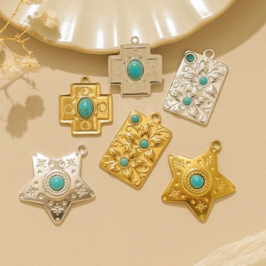 Ciondolo Vintage in Acciaio Inossidabile per Creazione Gioielli Fai da Te Etnico Intarsiato con Turchese Artificiale Stella Croce Fiore