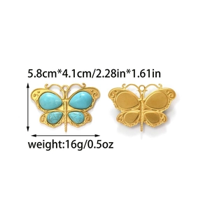 Detailed front and back view of a butterfly pendant with turquoise and size measurements