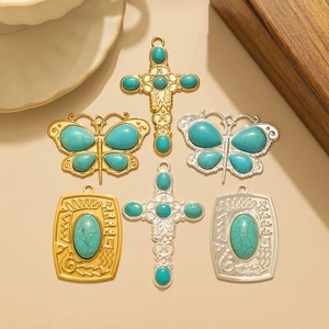 Ethnic style stainless steel turquoise pendants in cross, butterfly and square shapes