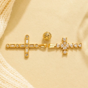 Golden cross pendants with zircon crystals and hollow metal bead for DIY jewelry making