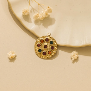 Vintage 18K gold plated pendant with colorful gemstones and hammered metal finish