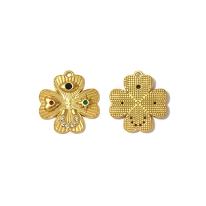 18K gold plated clover pendants with colorful gems and horseshoe symbol on white background